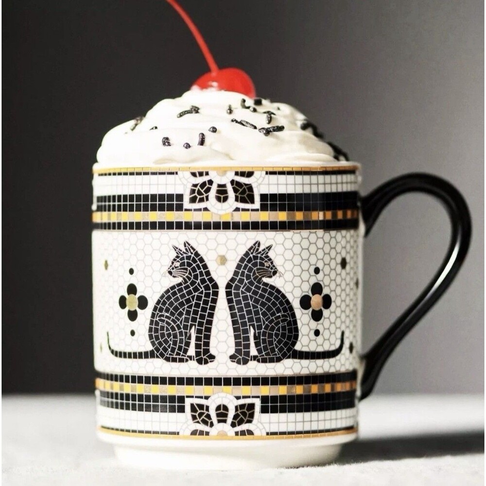 Anthropologie Bistro Tile Halloween Mug Cup Black Kitty Cats NEW